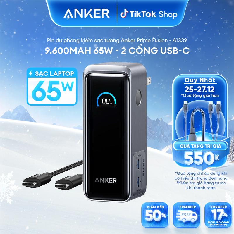  Pin Sạc Dự Phòng Kiêm Sạc Tường ANKER Prime Fusion 9600mAh 65W - 2 cổng USB-C - kèm cáp  USB-C sang USB-C 3,3 ft 100W Briaded  - A1339 