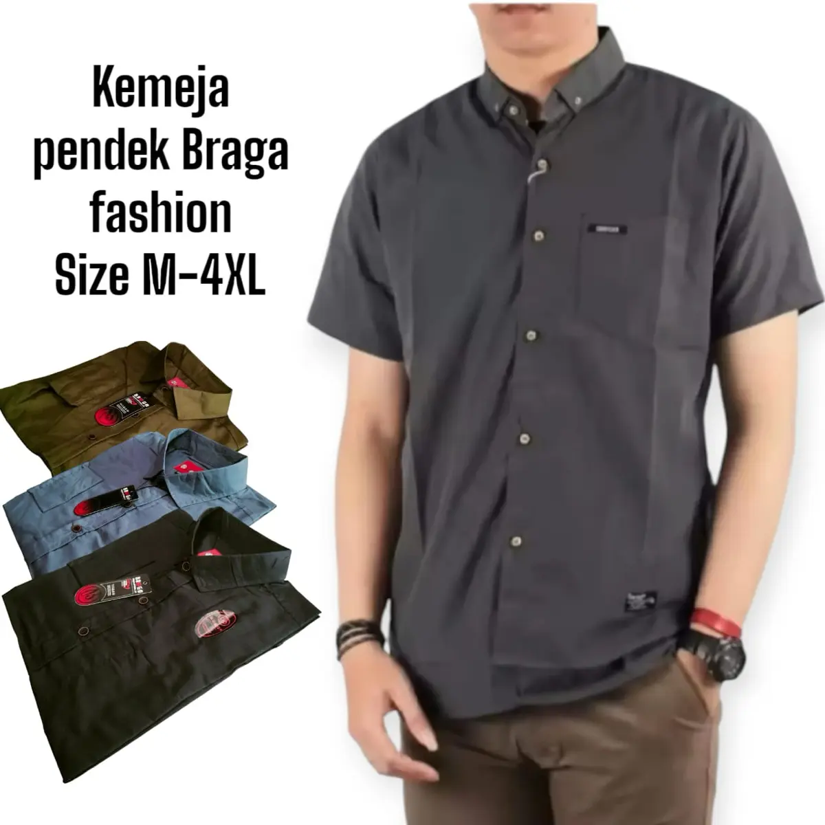kemeja pendek braga bahan poplien polos halus size M-4XL Lembut Nyaman Katun Formal Pria Santai