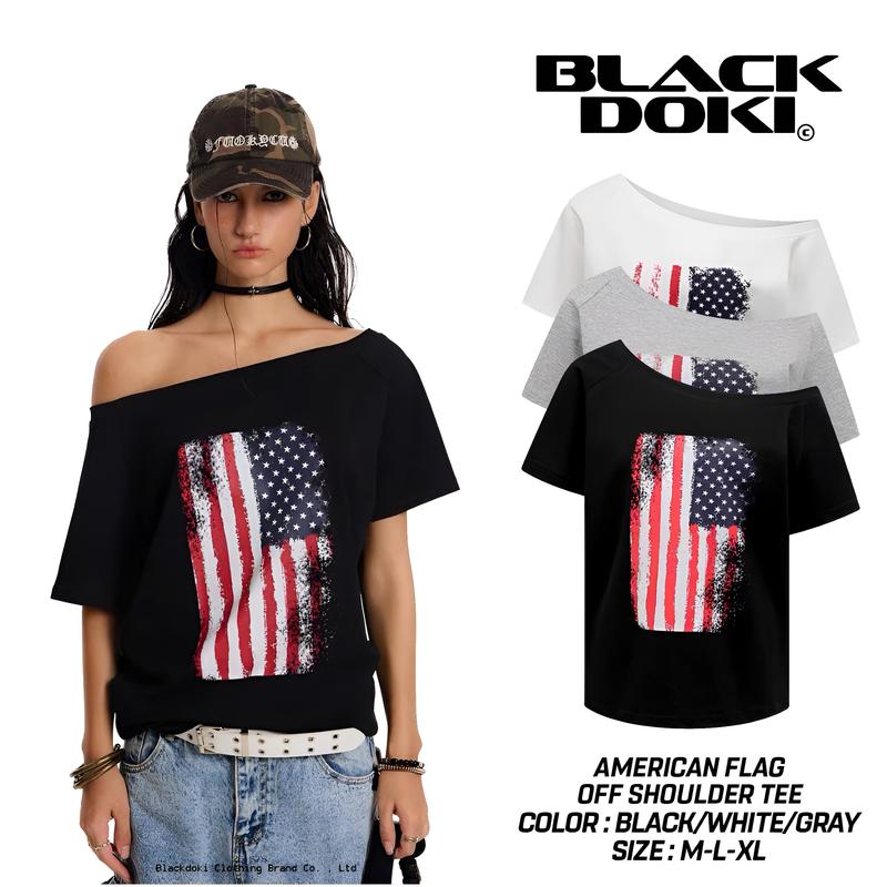  BLACKDOKI Áo thun trễ vai AMERICAN FLAG  áo phông nữ cá tính 245gsm cotton oversize womanwear 