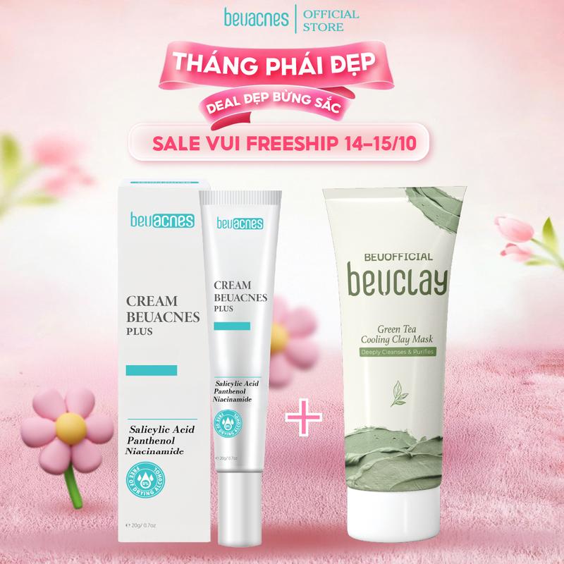 Combo 1 Kem Hỗ Trợ Giảm Mụn Sưng Viêm Nam, Nữ  BEUACNES PLUS 15g + 1 Tuýp Mặt Nạ Đất Sét BeuClay 70g Skincare Mặt Nạ Chăm Sóc Làm Đẹp Da, Dưỡng Ẩm Da  - TMN607 chấm  mụn thâm tẩy  tế  bào  chết