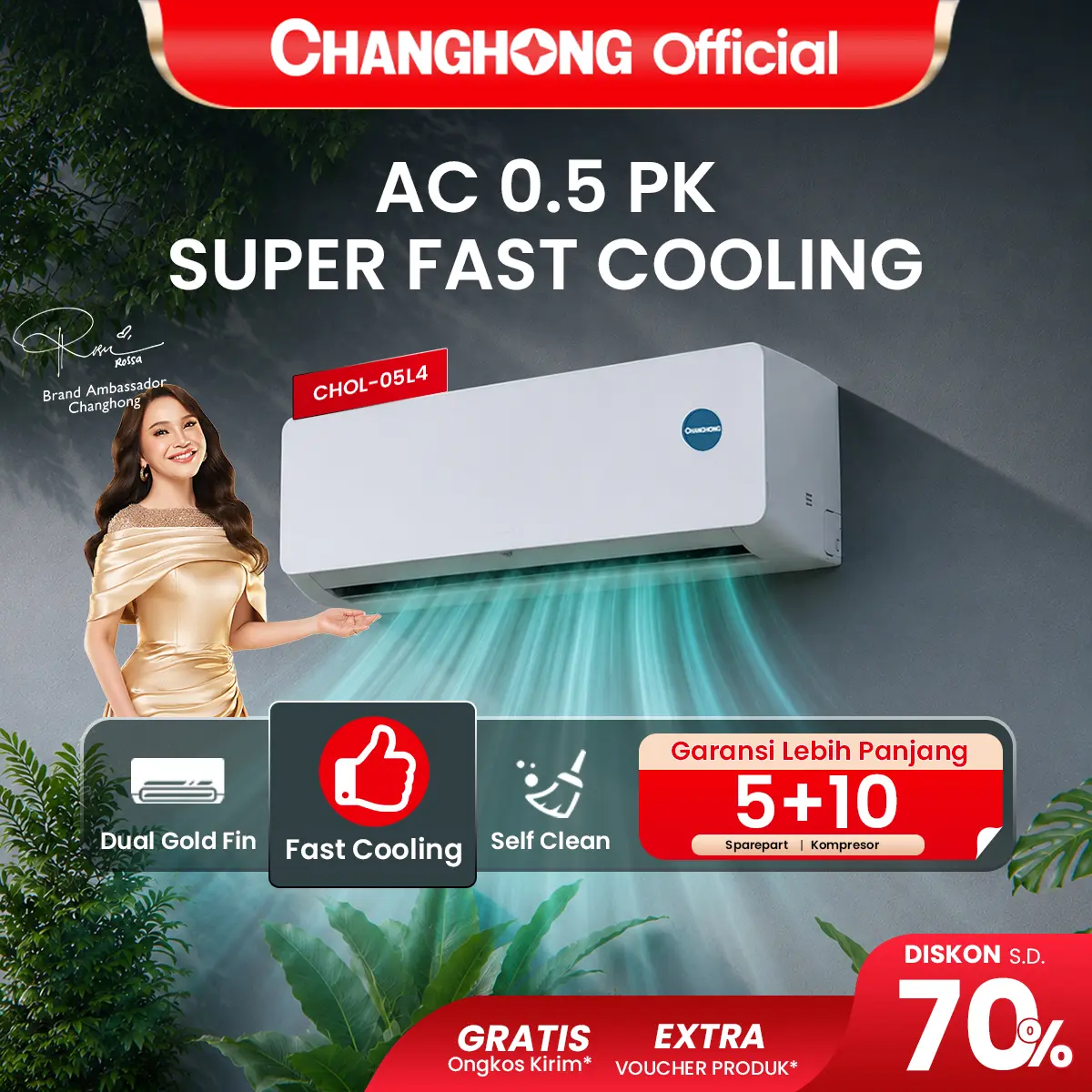 CHANGHONG AC 1/2 PK STANDARD CHOL-05L4 [INDOOR + OUTDOOR UNIT ONLY] [FAST COOLING] [SLEEP MODE] [ECO MODE]