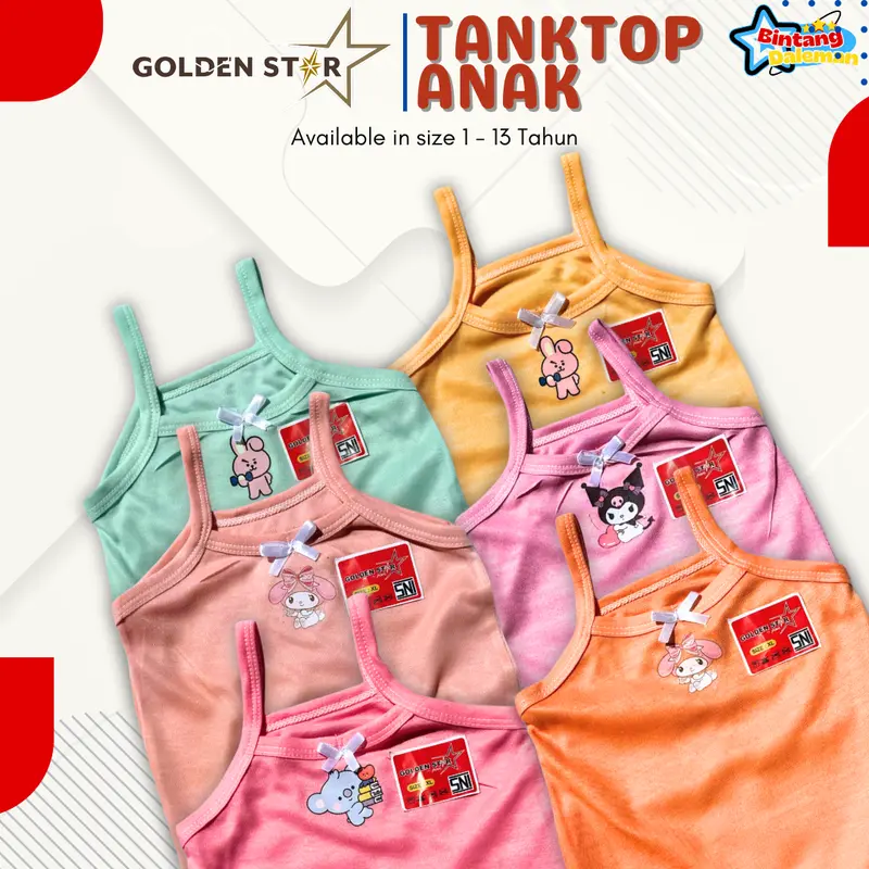 6 pcs singlet kaos dalem anak perempuan karakter labubu bt21, kuromi, cinamoror / tanktop anak lusinan golden Star / tengtop anak perempuan dalaman kaos dalam 0