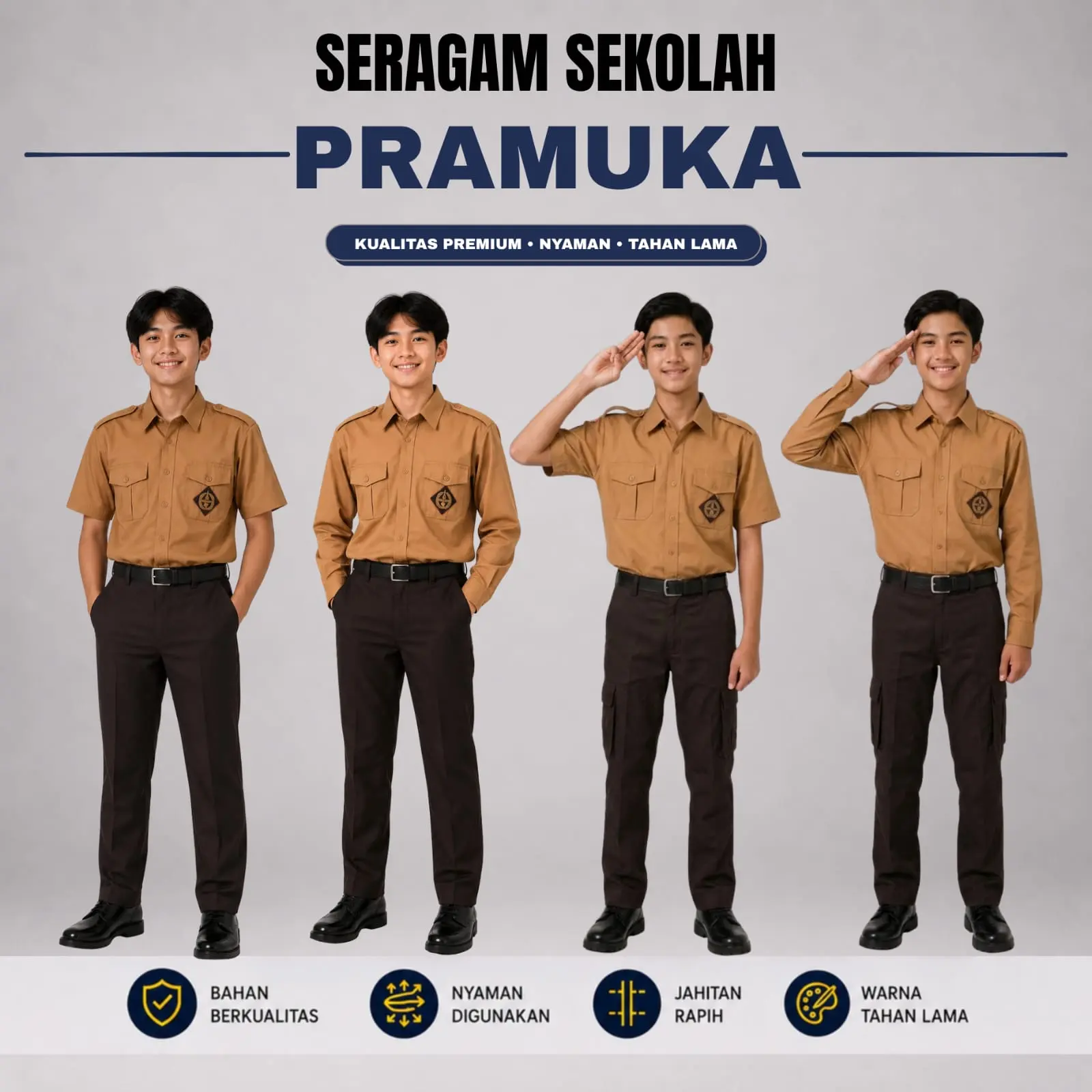 Setelan Seragam Sekolah Pramuka Penggalang SMP SMA Baju Lengan Panjang dan Pendek Bahan Oxford Tebal  Logo Bordir Celana Panjang Polos dan PDL Cargo Kompol Kargo Kempol