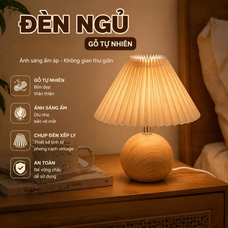 Đèn Bàn Gỗ Bắc Âu - Thiết Kế Gấp Gọn, Ánh Sáng Vàng Ấm, Chụp Vải Xếp Ly - Dùng Chiếu Sáng Đầu Giường/trang Trí Bàn Học tuong chutieu Tranh cát chảy