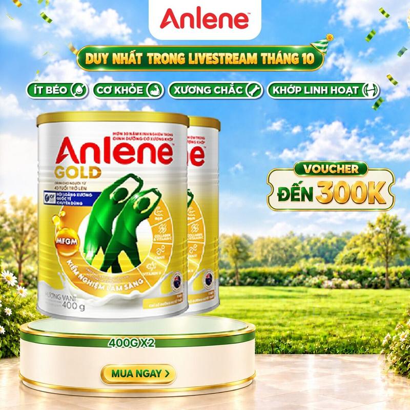 Combo 2 Sữa bột Anlene Gold hương Vani lon 400G ít béo, chỉ số đường huyết thấp giúp tăng cường cơ xương khớp chắc khỏe