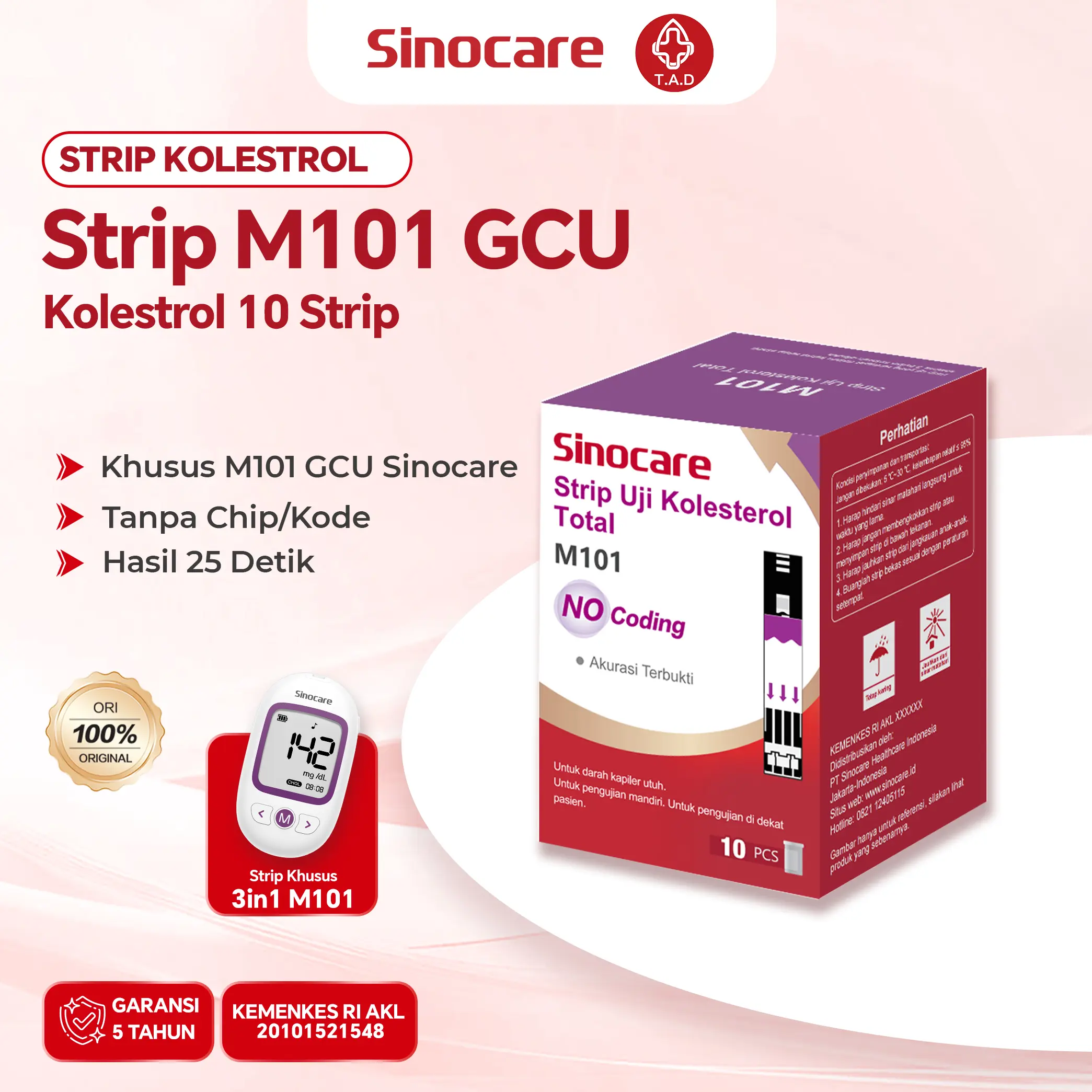 Strip Kolesterol Sinocare M101 3in1 10 Strip Original Tanpa Coding Hasil 25 Detik