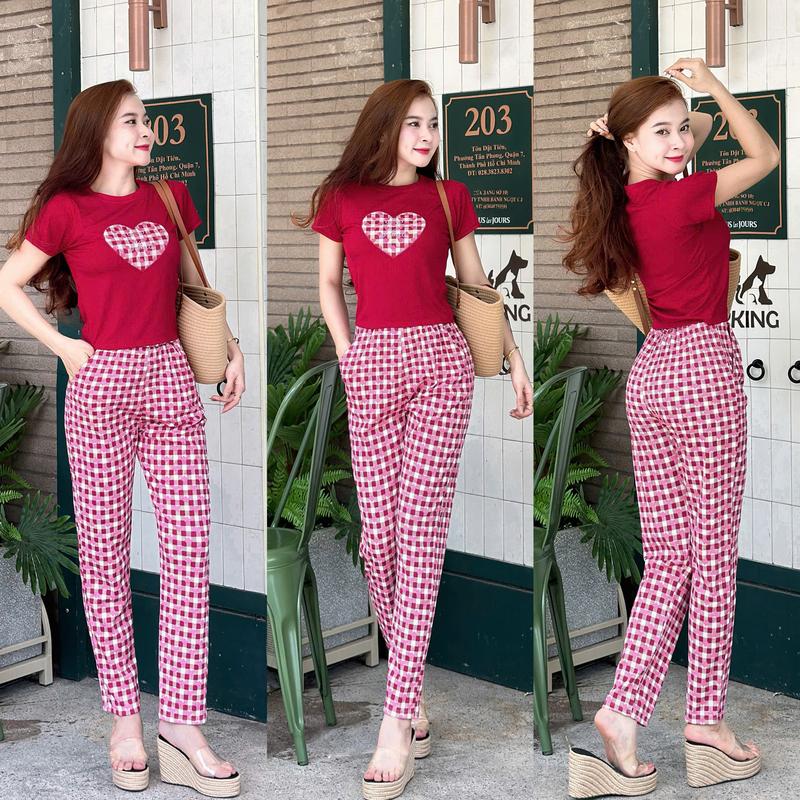 B-57 Bộ thun tăm lạnh in trái tim caro Áo cổ tròn Quần ống ôm