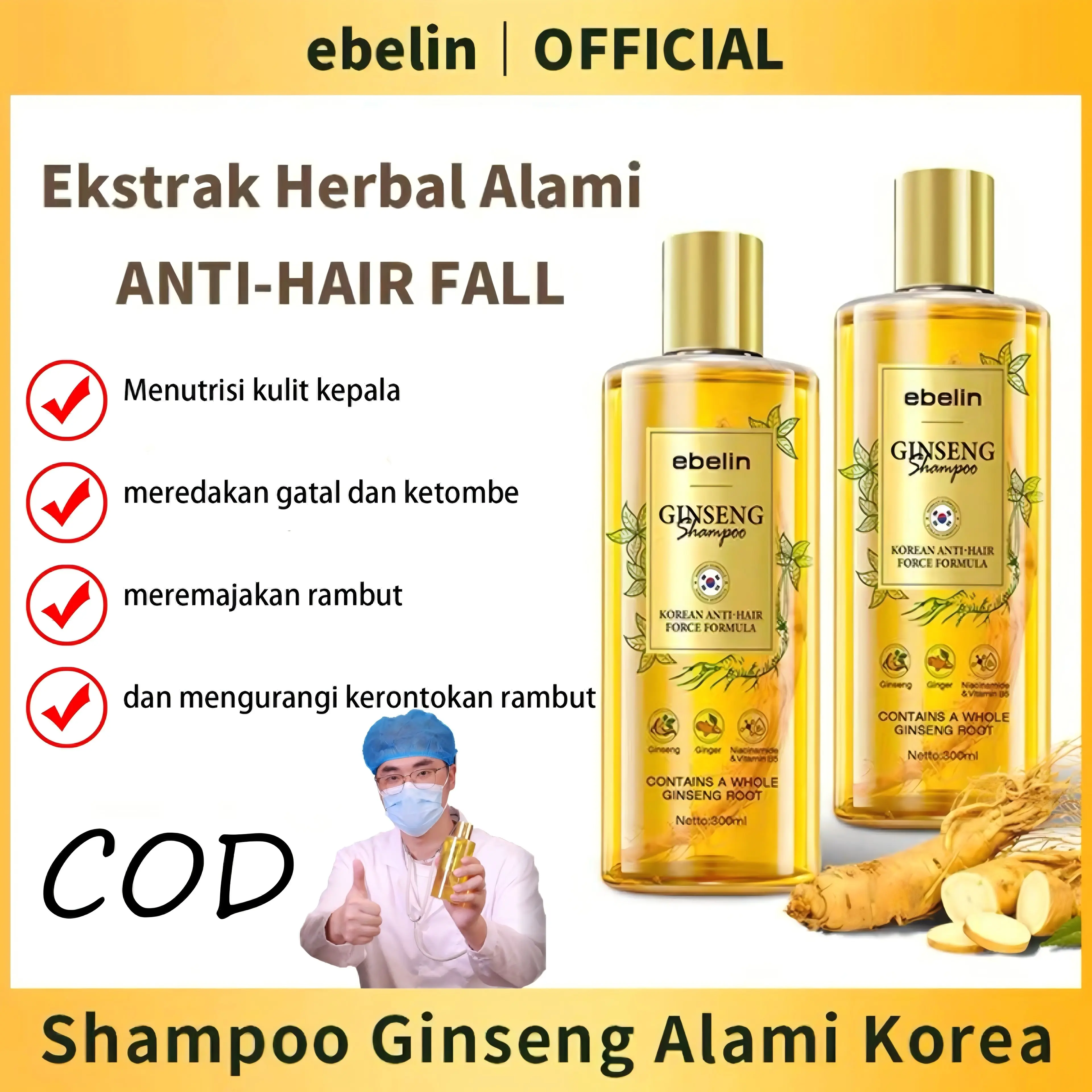 Sampo Anti Rambut Rontok, Pengontrol Ketombe, Perawatan Rambut Rontok + Ginseng + Jahe, Kolagen Perbaikan Rambut Cocok untuk Semua Usia | Sampo Vitamin yang Direkomendasikan Dokter untuk Kondisioner Sampo Bergizi Intensif