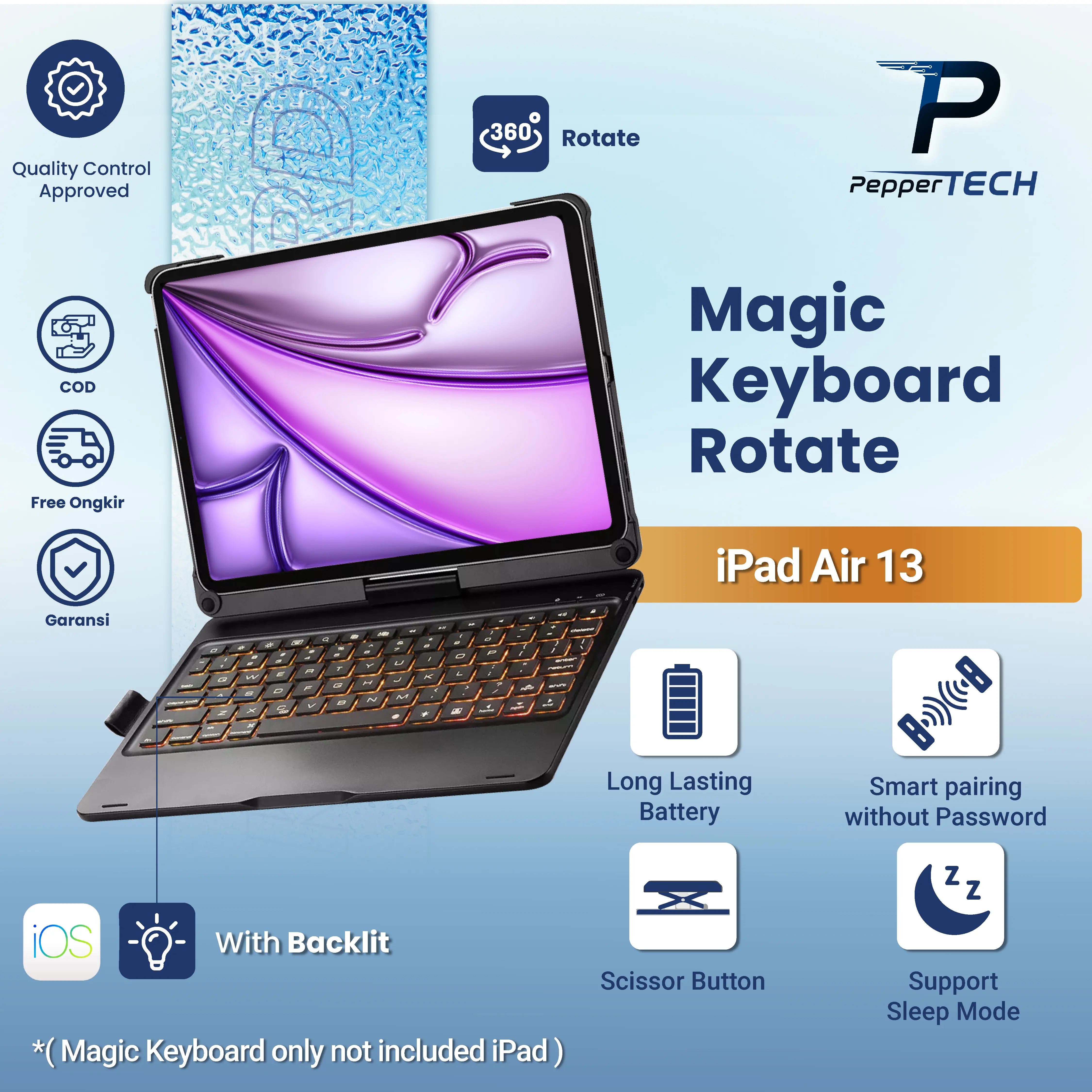 PepperTECH Magic Keyboard Rotate Untuk Apple iPad Air 13 Inch 2024 & iPad Pro 12.9 Gen 4-6 360° Rotatable Magnetic Protective Cover Tab Aksesoris dengan Backlit RGB dan Baterai Tahan Lama