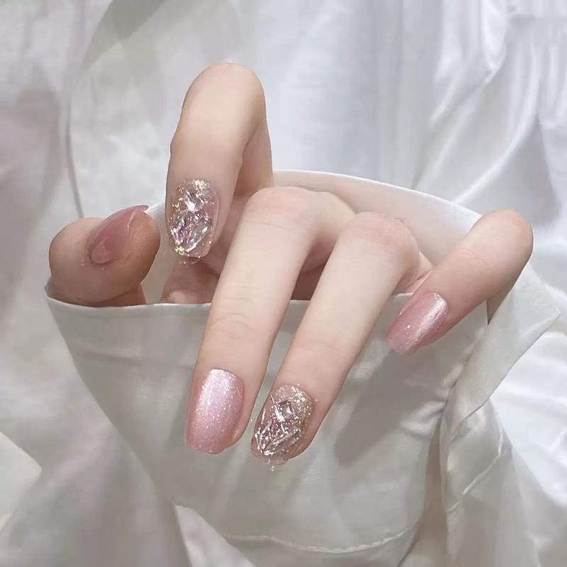 Mã B027 Nail Box Móng Tay Giả Màu Hồng Mắt Mèo Đính Đá Dáng Móng Ngắn Tròn Bộ 10 Móng Cực Xinh Có Thể Tháo Rời Tái Sử Dụng