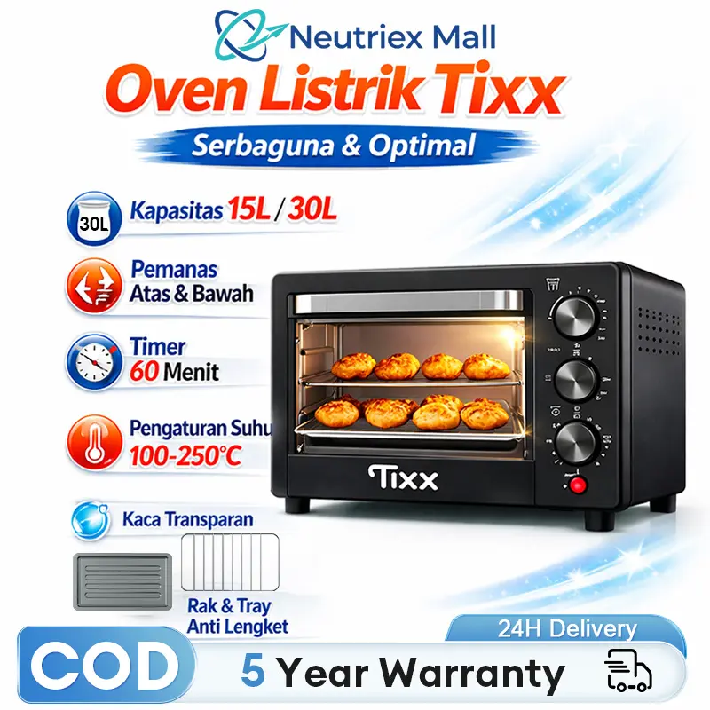 【COD】TIXX Oven Listrik Low Watt Hemat Daya Multifungsi 15L 30L 35L 50L Pemanasan Dua Tabung 360 Derajat Rotisserie Timer Kaca Visual Bahan Food Grade Mudah Dibersihkan Anti Slip Pemanasan Cepat Tahan Lama Cocok Acara Keluarga Panggang Kue Roti BBQ