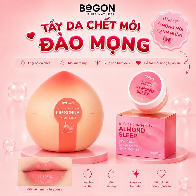 Tẩy Da Chết Môi Đào Mọng BeGON LIP SCRUB 30gr Tặng Ủ Hồng Môi Hạnh Nhân ALMOND…