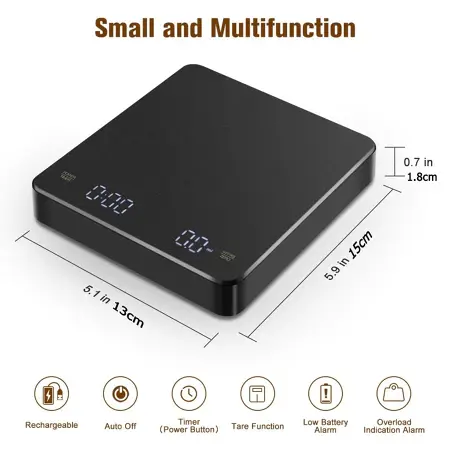 LED Coffee Scale Mini Timing Kitchen Scale USB Rechargeable 3kg Max Capacity 0.1g Graduations Kitchen Weighing Scale
