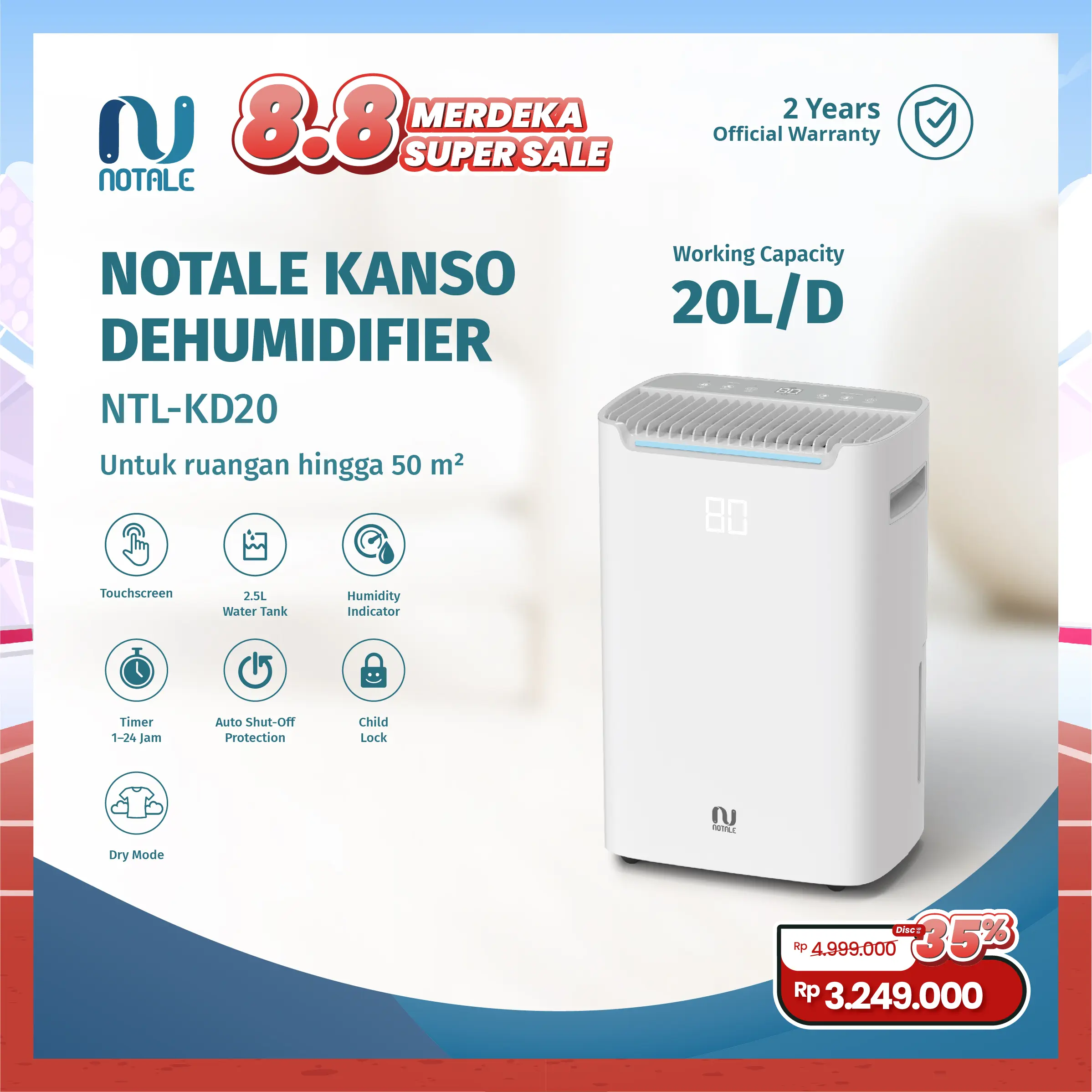 Notale Kanso Dehumidifier 20L/Hari- Penyerap Kelembaban dan Pengering Udara Ruangan Anti Jamur