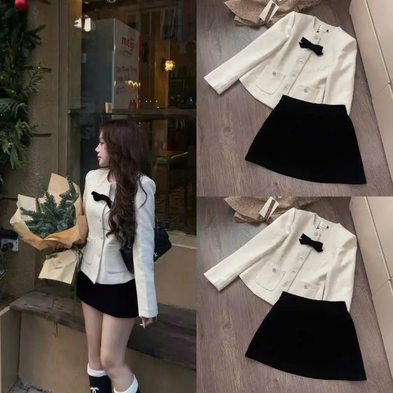 Set áo dạ phối nơ + váy chữ A