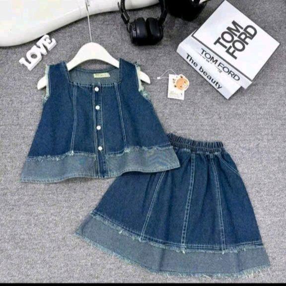   12-30kg  Set áo jean form baby doll kèm chân váy dáng dài cho bé  chân váy có quần trong chất jean mềm  