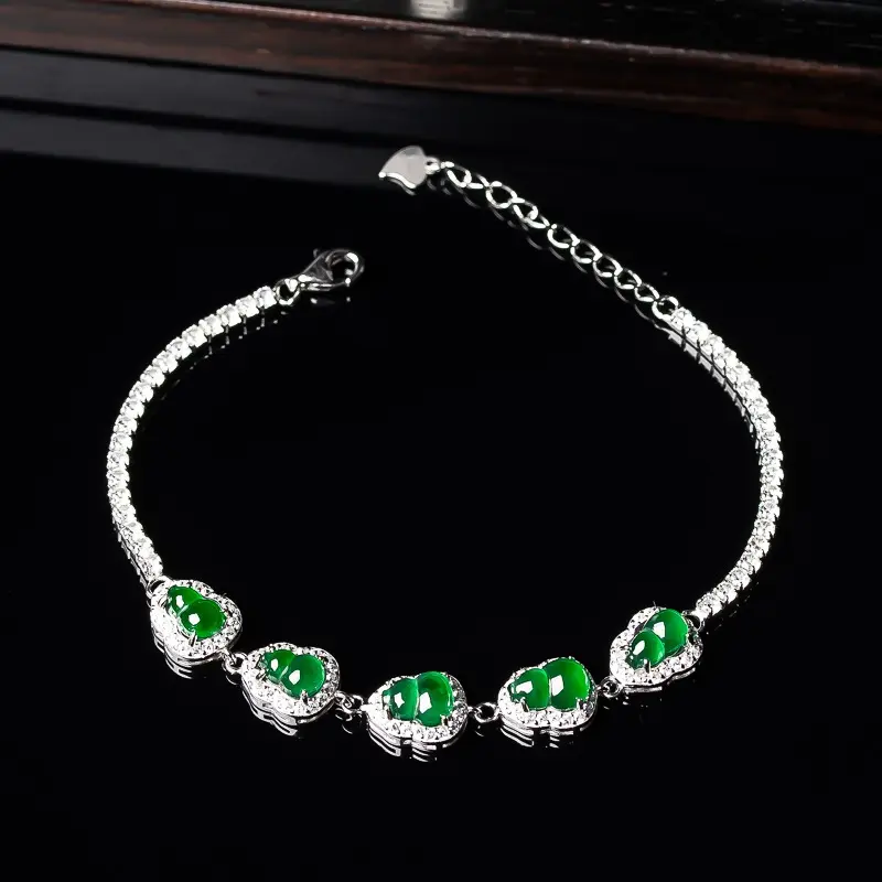 925 silver inlaid natural jade A-grade old pit ice seed moisturizing green gourd women's bracelet