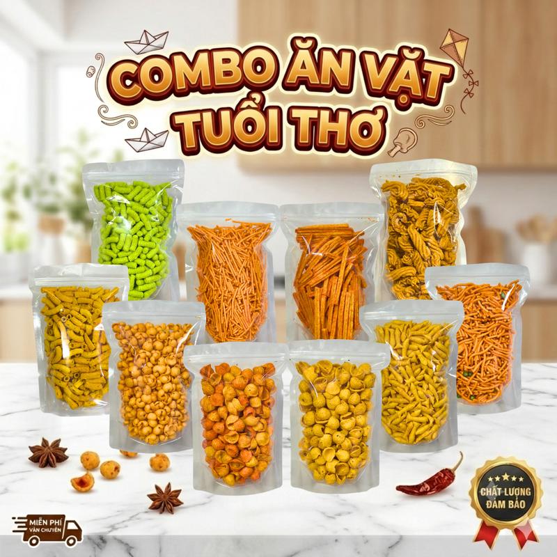 Combo Ăn Vặt 10 Món Tuổi Thơ - Nui chiên mắm,Sò Vừng, Dậu xanh cốt dừa, Sò Hành, Đùi gà cay, Tăm đậu hà lan, Xương chó, Snack cá, Khoai lắc phô mai, Tăm cay - ăn vặt Food
