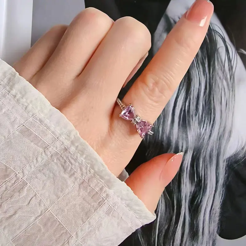 ShinyShiny-Cincin busur lucu Cincin hati pink dengan zirkonia berbentuk pita untuk wanita, desain unik dan imut, cincin dengan kesan mewah dan anggun, cocok untuk jari telunjuk, desain terbaru. 5