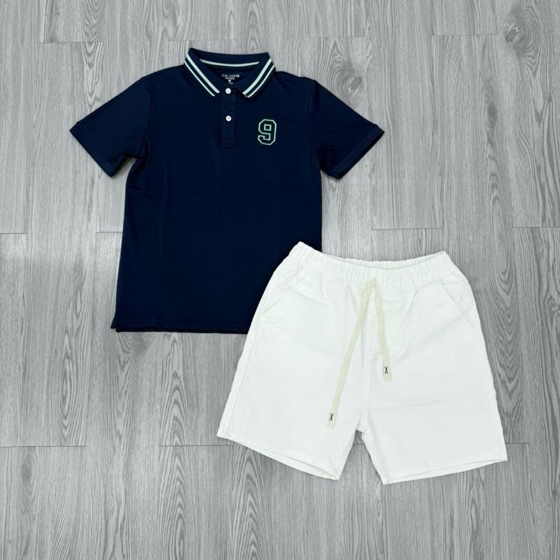 Bộ Áo Polo Thêu Số 9 Mã PL41 Phối Quần Short Jean Day Trắng X
