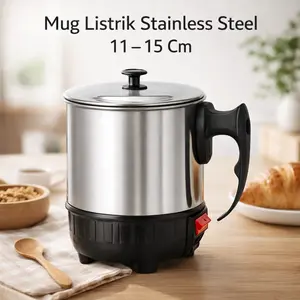Mug Listrik Stainless Steel 11–15 cm Panci Listrik Mini Electric Mug Cooker Pemanas Air Mie Instan Susu Kopi Nasi Portable Multi Cooker Travel Mug - MP