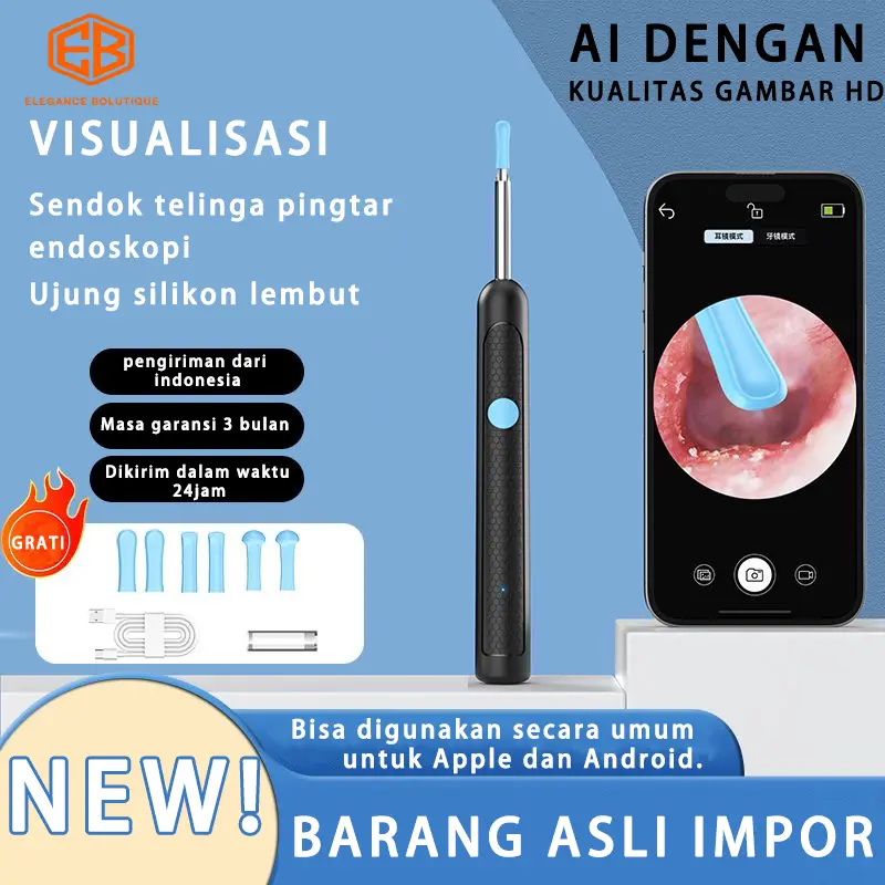 EB COD 【in stock】Alat pembersih telinga LED Ear Spoon terhubung dengan Ear Spoon cerdas untuk membersihkan saluran telinga anak-anak, dewasa, dan lansia secara nirkabel dengan WiFi tahan air. Non-Medis Black