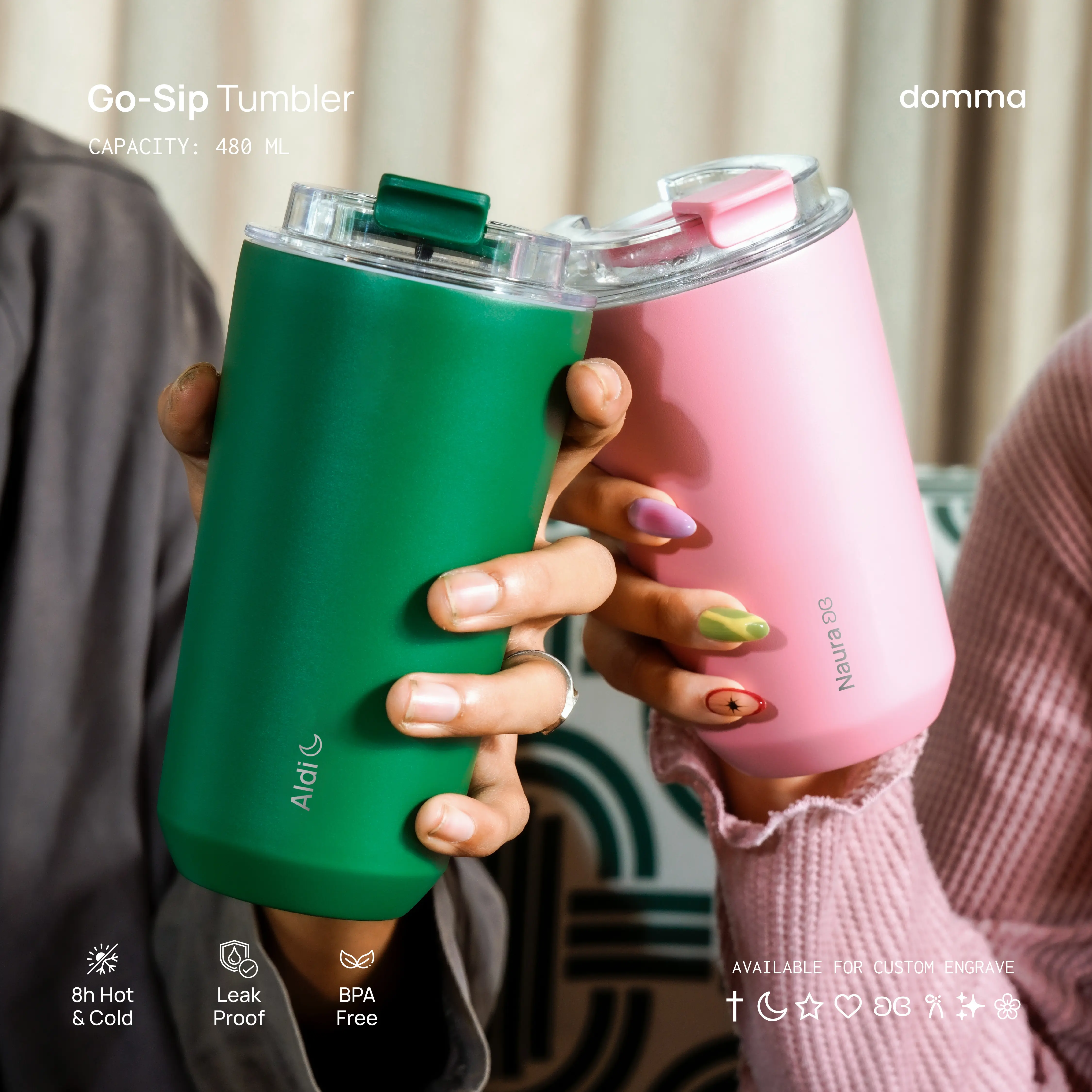 [Domma] Custom Engrave 480 ml Go-Sip Tumbler Double Wall Stainless Steel Insulated Water Bottle Botol Minum Thermos Kopi Teh Mug Vacuum
