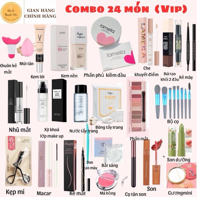 Bộ 21 sản phẩm trang điểm cho mặt Mỹ Phẩm Má hồng dao cạo mày khuông kẻ mắt phấn phủ che khuyết điểm bông mút gương xịt khoá nền kem nền kẻ mắt Son Cushion Cosmetic Nữ