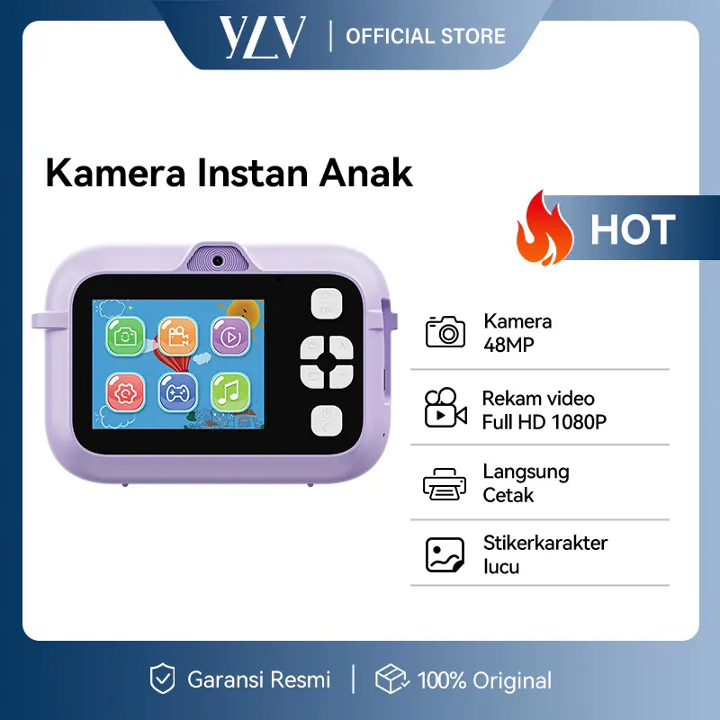 YLV HOT PRINTER KAMERA ANAK Kamera Digital Thermal Cetak Langsung, Tanpa Tinta, Bonus 224 Kata Flashcard, Kado Ulang Tahun untuk Anak