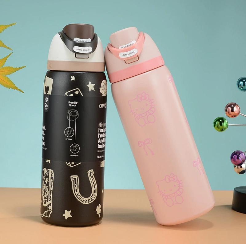 Product Introduction of Pink kitty big bow Okala freesion insulated stainless steel sports water bottle with straw, water bottle drinkware stainless steel thermos cup hot and cold coffee insulated lid straw bottle portable cup sports water bottle Flasks Loop  Mug Tumbler Bottled 14