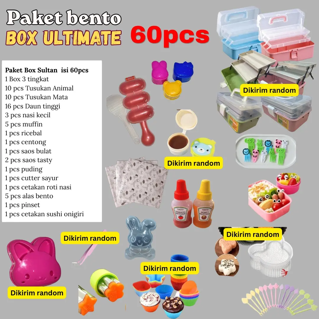 Paket Perlengkapan Bento Anak isi 75, 56 dan isi 36 Set Komplit Bekal Anak Sekolah Cetakan Nasi Bento Bulat Karakter Murah Hemat Lengkap Peralatan Bento Makan