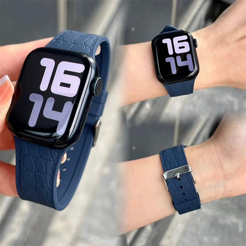 Dây đeo đồng hồ silicon với kết cấu cá sấu, dây đeo cho Apple Watch S9 /8/7/6/5/4/3/ 2 / 1 SE2 ULTRA, thiết kế khóa pin, dây đeo thay thế silicon mềm cho iWatch 49MM 45 44 42 41 40 38 5