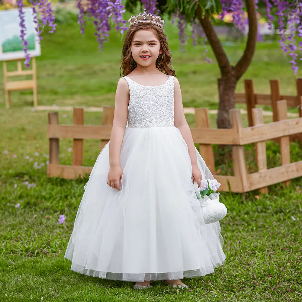 White Flower Girl Princess Dress For Bridesmaid Wedding Prom Gown Lace Elegant Kids Birthday Party Dresses 309