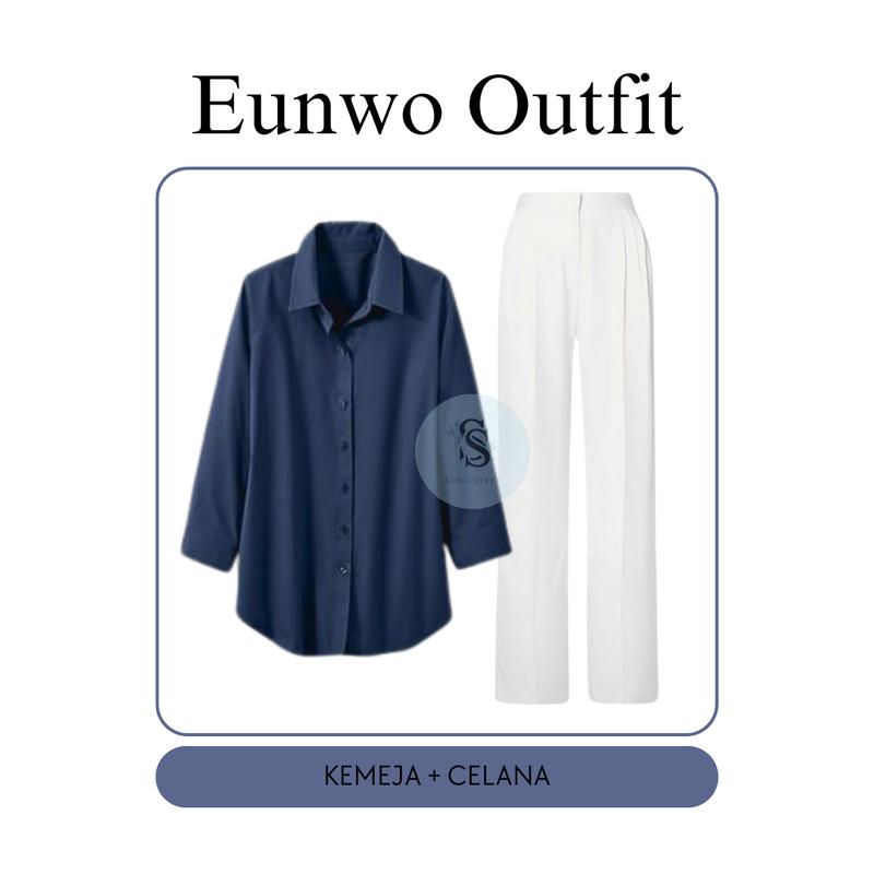 One Set 3in1 Kemeja Navy, Kulot BW, Ikat Pinggang - Setelan OOTD Casual dan Formal SS52 3