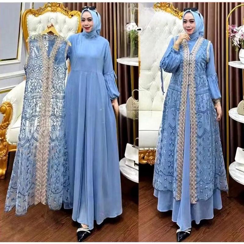 Bisa Cod Gamis Pesta Wanita Jumbo Ukuran M L XL XXL 3XL 4XL Ld 100-140cm // Qinara Dress Set Iner Plus Outer Lepas Pasang // Dress Iner Ceruty Outer Brukat Renda // Gamis Wanita Jumbo // Dress Kondangan Setelan Gamis Iner Outer  Panjang Gaun 2