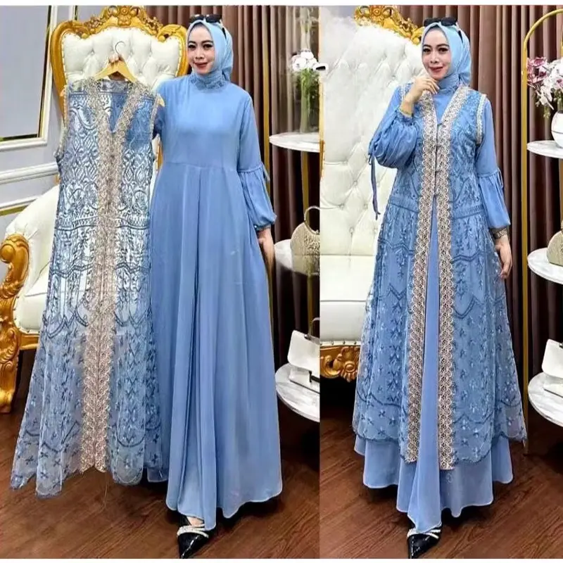 Bisa Cod Gamis Pesta Wanita Jumbo Ukuran M L XL XXL 3XL 4XL Ld 100-140cm // Qinara Dress Set Iner Plus Outer Lepas Pasang // Dress Iner Ceruty Outer Brukat Renda // Gamis Wanita Jumbo // Dress Kondangan Setelan Gamis Iner Outer  Panjang Gaun 2