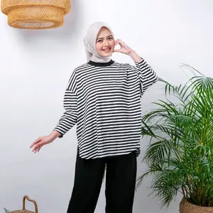NCDY Atasan Wanita Lengan Panjang Motif Garis Hitam Putih Bahan Cotton Combed Fit Muslim All Size Oversize Nyaman & Stylish