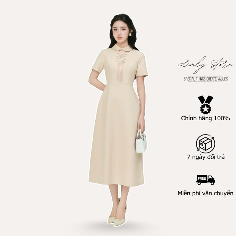 Váy liền thân dáng dài thiết kế cổ sen phối cúc đầm kiểu nữ tay ngắn tiểu thư Linly Store V-VD11