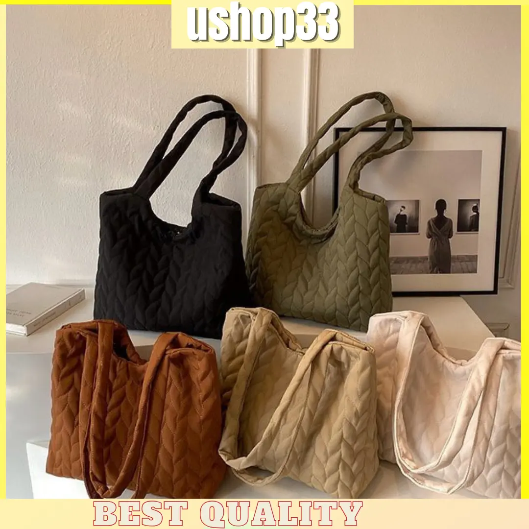 READY STOCK ROSE Warm Plaid Shoulder Bags Winter Underarm Bags Puffy Handbag Women Lightweight Large Capac