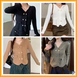 AJW [RCA] Atasan Rajut Wanita Tweed Blazer Button Gold Variasi Kantong Knit Premium | Tweed Blazer Variasi Kantong Button Gold Bawah Belah Oval Knit Premium | Atasan Wanita Kekinian Button Gold Variasi Kantong Lengan Panjang Knit Premium