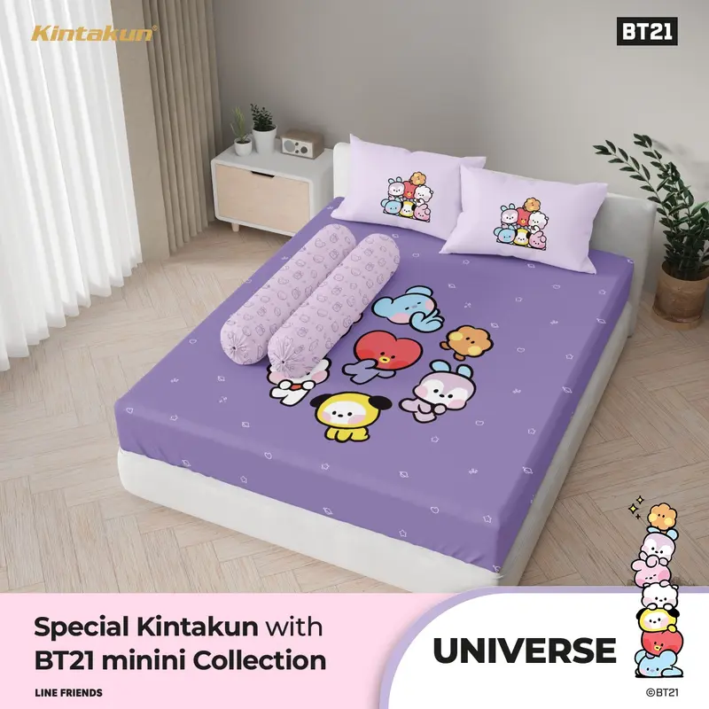 Kintakun Dluxe BT21 Sprei Fitted 160X200/180X200 Tinggi 25 cm Sprei Queen/King Size Chimmy Cooky Koya Mang RJ Serene Shooky Tata Together Whimsy BT21 3