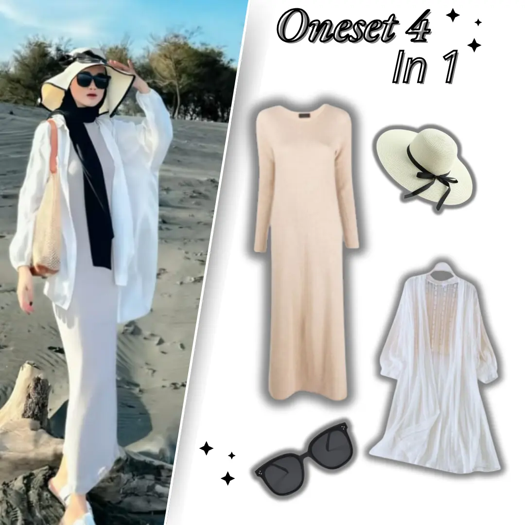 Oneset Kekinian Oneset Pantai 4in1 VIral (Maxi dress+Long outer+Topi Pantai+KacamataPND011