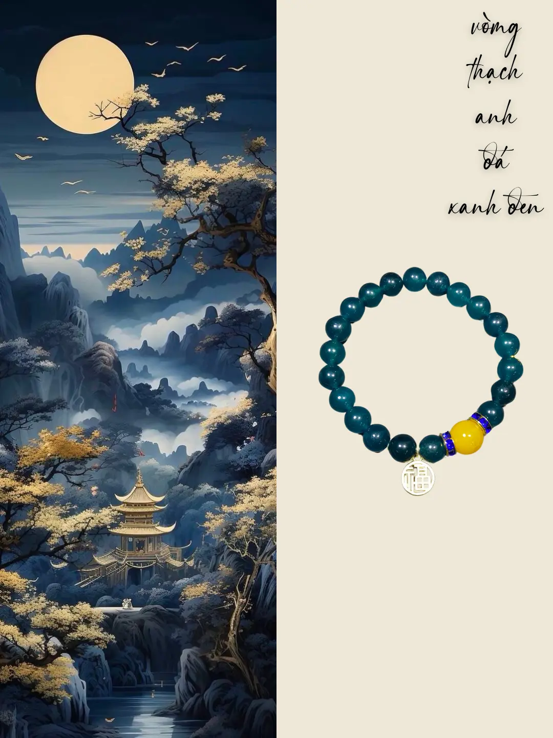 [Deal trên live] Vòng tay thạch anh xanh ngọc bích cho nữ kèm đá mã não và charm chữ phúc