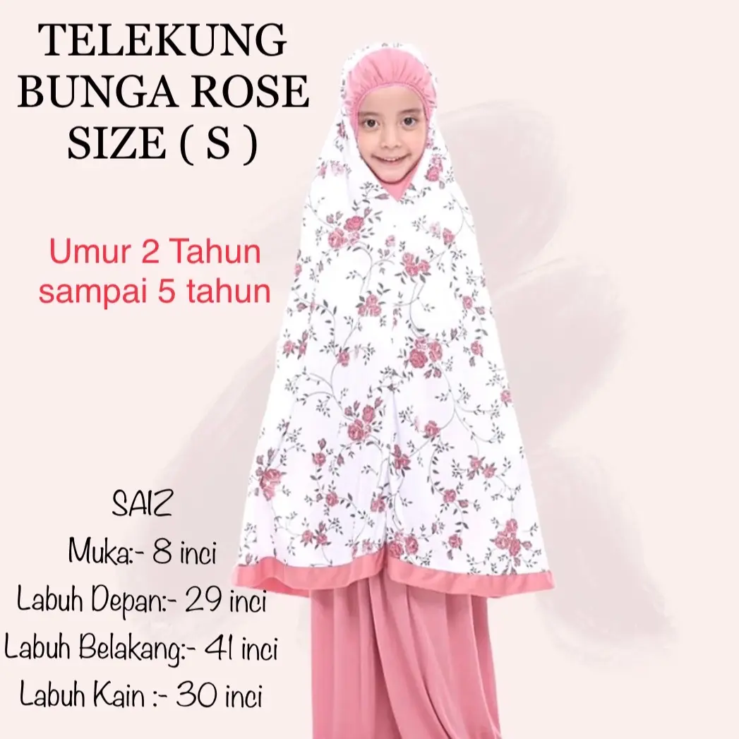 Telekung 2 Tahun Bunga Rose Kanak-Kanak Piping Saiz One “S” Budak Clothing Dusty Pink