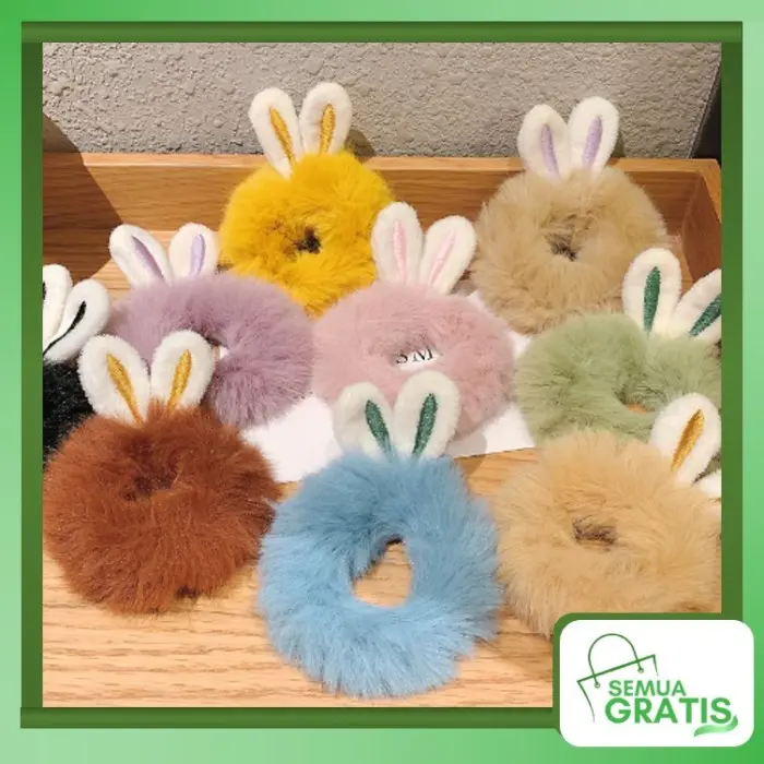 Semua Gratis - Ikat Rambut Scrunchie Bulu Motif Telinga Kelinci Import Terbaru