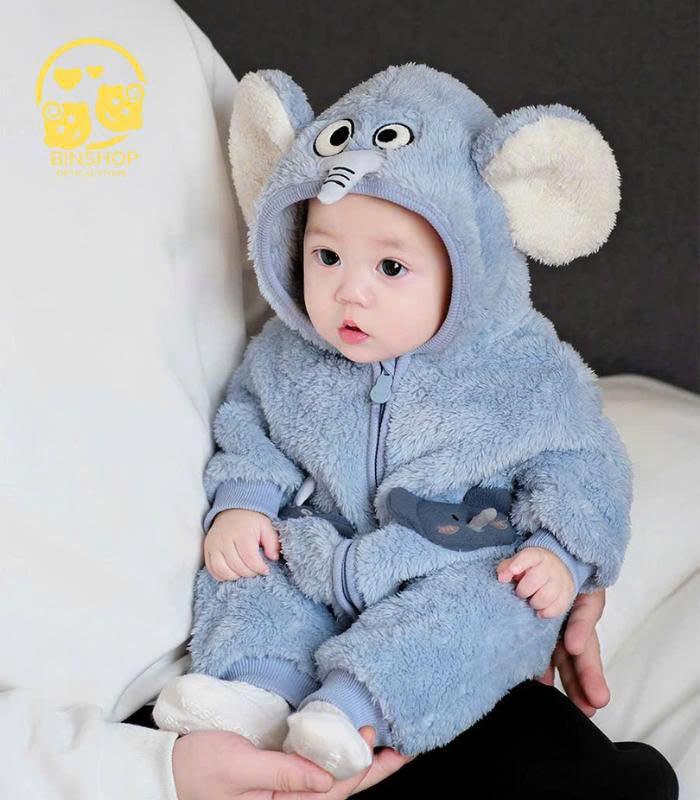 Bodysuit Lông Cừu cho bé gái bé trai Body dài tay Hình Voi cho bé trai bé gái Quần áo sơ sinh bé trai bé gái 0-12M