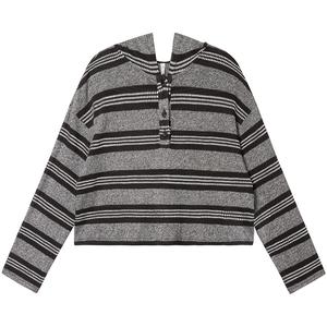 Women's Striped Hooded Loose Knit Sweater, Spring & Fall New Casual Short Top, Small Size Lazy Style, Ladies Fashion Clothing 3489 Knitwear Womenswear Crewneck Fitted Longsleeve