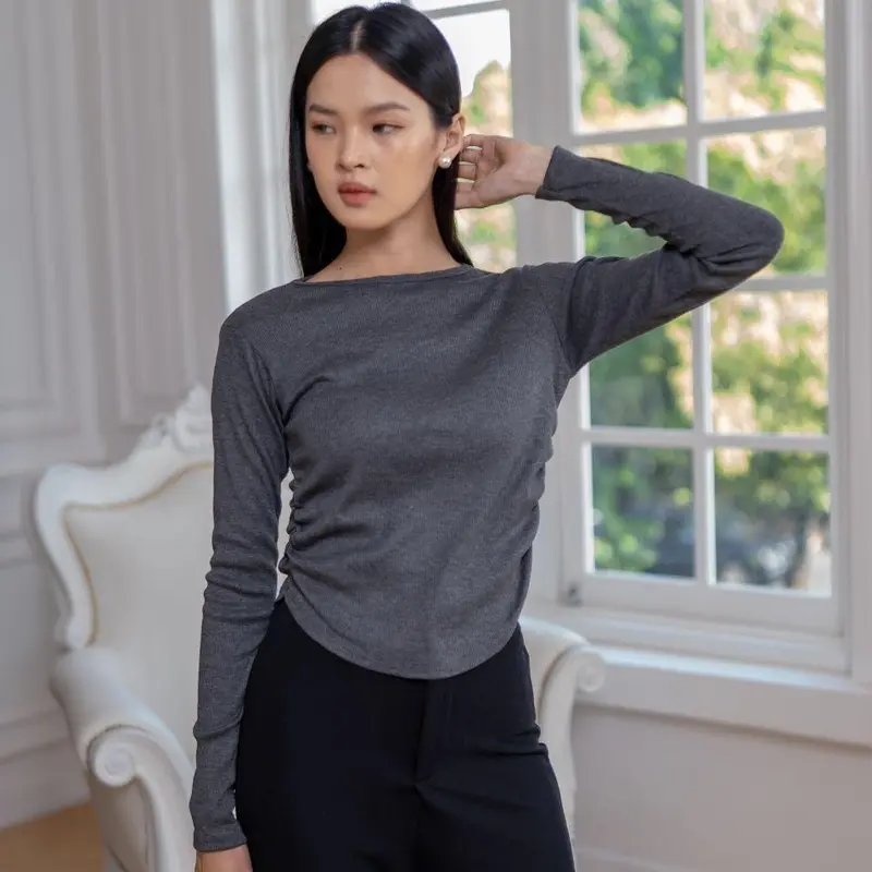AIJO | (READY)  Amoura Rib Longsleeve - Atasan Lengan Panjang Rib Serut Wanita oneck top Nyaman Polos Lembut Basic Baju 7