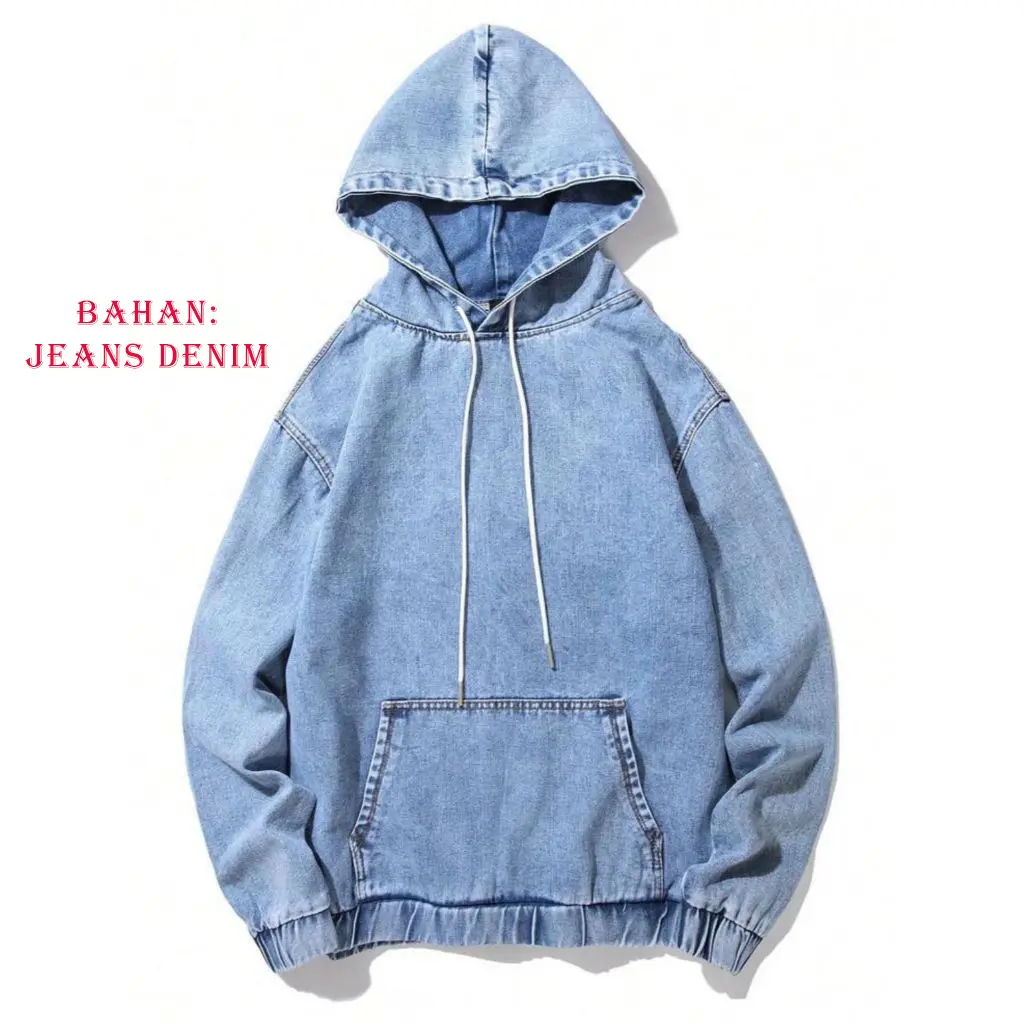 Hodie Berbahan Jeans Denim Varian Warna Navy Wash & Black Wash Lembut Nyaman Unisex Santai Hitam Biru
