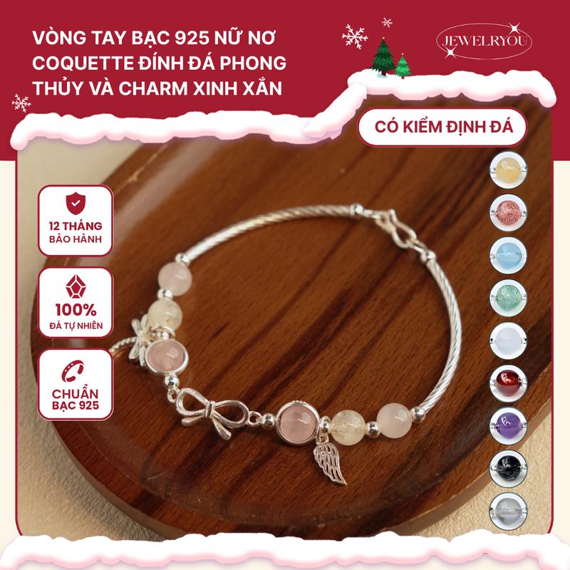 Vòng tay bạc 925 nữ nơ ngang JEWELRYOU mix 6 viên đá năng lượng tự nhiên và charm biểu tượng may mắn - Jew40